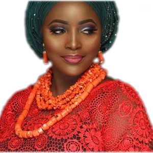 Kolczyki Naszyjnik moda Zestaw biżuterii ślubnej bransoletki pomarańczowe afrykańskie Nigerian Coral koraliki dla kobiet Wedding226V