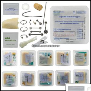 Näsringar tappar kroppsmycken engångspiercing kit medicinsk steril förpackning för öronnippel mage navel septum piercer verktyg hine drop del280v