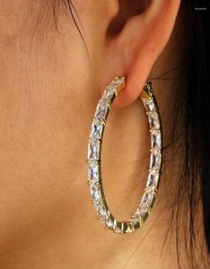 Hoop oorbellen 45 mm bling prinses gesneden stenen stokbrood Big Hoopearrings Gold Compated Rhinestone Zirconia Charm2919096