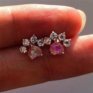 Stud minimalistisk kvinnlig rosa eld opal örhängen rosguld bröllop smycken boho liten hjärthund katt klo för kvinnorsstud232g