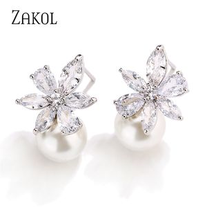 Fashion Cute Exquisite Flower Earring Stud Pearl Crystal Earings White Zircon For Women Jewelry Wedding Party Gifts