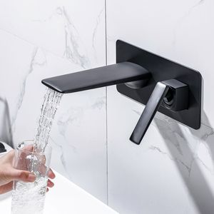 bathroom black waterfall basin faucet in wall mounted concealed water tap high flow single handle 2 holes one pieces with embeded box sink faucets