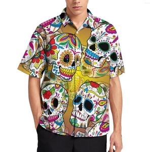 Camisas casuais masculinas esqueleto estamvo floral cravejas de açúcar padrão camisa de verão de manga curta Bloups da moda masculino grande tamanho grande