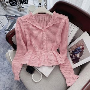 Strickjacke Frauen Abgeschnitten Pullover Aushöhlen Frühling Herbst Dünne Gestrickte Top-Mode Einreiher Chic Kleidung Büro Dame 2023