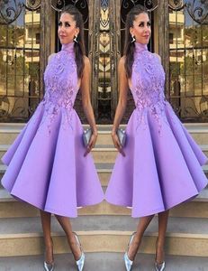 Stylish High Neck Prom kl nningar Sexig Aline TealIength Fashion Party Dress with Applique Lovely Short Evening Gowns Homecoming7620177