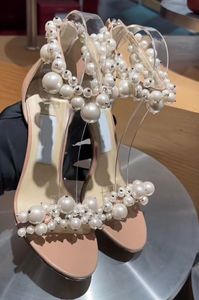 Berömda varumärke Summer Women Maisel Sandals Shoes Juvely Pearls Strappy High Heels Naken Black White Wedding Party Dress Lady Elegant Pumps EU35-43 With Box