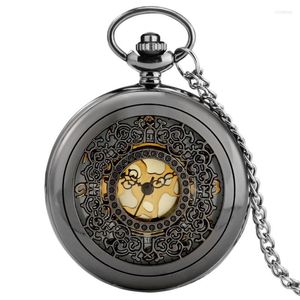 Pocket Watches Retro Black Hollow Dense Gold Finish Elegant Flowers Quartz Steampunk Watch Pendant FOB CHAIN ​​Antik klocka gåvor