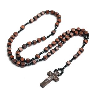 Rosary Necklace natural wooden bead cross Catholic pendant religious Christian Prayer jewelry