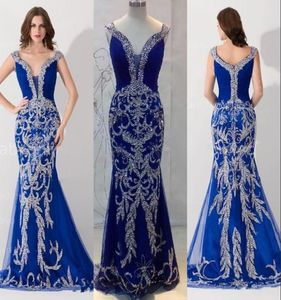 Sj jungfrun aftonkl nningar Luxury Designer Prom Dress Off the Shoulder Crystal Sequined Bling Royal Blue Tulle Formal Pageant Go3980686