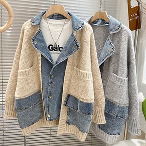 Women Cardigan Winter Jacket مزيفة معطف اثنين من الملابس المحبوكة كوريا الجينز الجيوب الجيوب الجيوب المنعطف على الانخفاض.