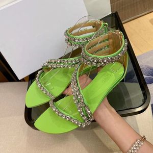 Amina Muaddi Schnalle verziert Begum Flecken Spulen Kristall flache Sandalen Damen Luxus Designer Kleidungsschuhe Abend Rückenlose Sandalen 35-42 Größe