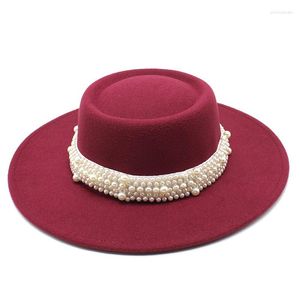 Berets Round Flat Hat Women's Concave-convex Top Pearl Fedora Autumn And Winter Wool Felt Big Brim Men Women