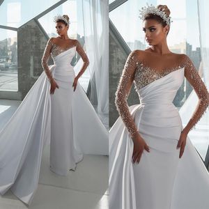 Illusion Satin Sexy Mermaid Wedding Dresses Crtstal Beading Sheer Neck Long Sleeve Bridal Gowns Romantic Dress Robe De Mariee