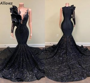 Vintage Preto Lantejoulas Renda Sereia Vestidos de Noite Árabe Aso Ebi Sexy Decote Transparente Um Ombro Manga Longa Vestidos de Festa de Baile Para Mulheres Vestido de Ocasião Formal CL1478