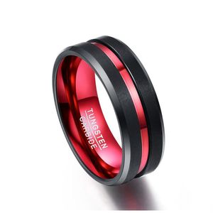Wedding ringen herenring 8 mm zwarte en rode wolfraam carbide matte afwerking afgeschuinde randen maat 7 tot 16315p