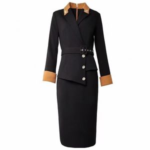 Arbeitskleider Elegantes Geschäfts-formales Bleistiftkleid Party Luxus Frauen Büro Blazer Vestido Langarm Knielange Robe 2XL BS137