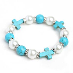 Christ Cross Bracelet Turquoise Rhinestone Pearl Single Circle Bracelet Jewelry