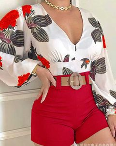 Women's Two Piece Pants Summer Two Piece Set Women Fashion Sets Printed Leisure Shorts Female 2 Piece Sets Womens Outfit V-neck LongSleeves Shorts Set T221012