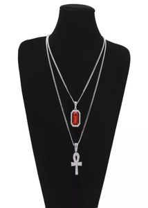 Egyptisk Ankh -livsnyckel Bling Rhinestone Cross Pendant med Red Ruby Pendant Halsband Set Men Woman Fashion Hip Hop Jewelry Part4785132