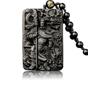 Natural Obsidian Pendant with Beads Chain Dragon Guan Gong Guan Yu Hold Broadsword Knight Pendant Necklace For Men Women Jewelry L