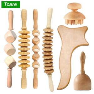 Tcare 7Pcs Set Wood Therapy Massage Gua Sha Tools Maderoterapia Colombiana Lymphatic Drainage Massager Roller Therapy Cup 220512239Y