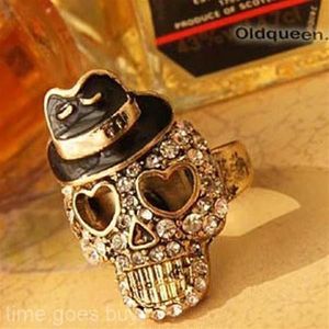 Populaire Unisexe Bowler Black Hat Crystal Diamond Skull Pirate Stretch Ring Gift # R48201G