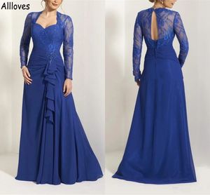 Royal Blue Mother Of The Bride Dresses A Line Long Sleeves Chiffon Lace Beaded Formal Groom Mother's Dresses For Wedding Party Plus Size Women Evening Gowns CL1487