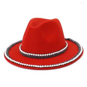 Berets Girl Hat Hat Fedora Women Red Pearl Chain Wool Wool Feel Wedding Sauna Panama 2022autumn Winter Wide Brim