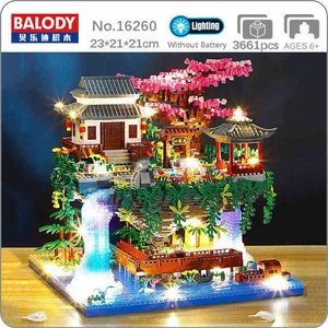 Balody 16260 Architecture Peach Tree House Pavilion Waterfall River LED Light DIY Mini Diamond Blocks Bricks Building Toy No Box Y22021311x