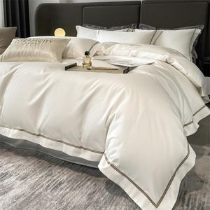 White Embroidery Hotel Bedding Set Luxury Egyptian Cotton Solid Color Duvet/Quilt Cover Flat Bed Sheet Linen Pillowcases Home Textile Twin Queen King Size