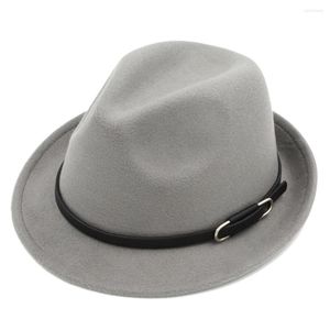 Berets Munng Unisex Wool Blend Stiff Upturn Brim Fedora Hat Trilby Cap Black Leather Belt