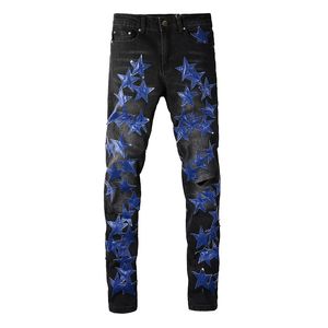 Men's Pants Jeans European Jean Hombre Blue Star Men Embroidery Patchwork Ripped For Trend Brand Motorcycle Black Pant Mens Skinny 885