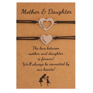 Stainless Steel Heart-shaped Black Mark Engraving Wax Woven Adjustable Mother's Day Card Bracelet Jewelry