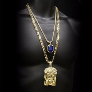 Hip Hop Golden Crowned Jesus Head Pendant Iced Out Square Gem Crystal Necklace Set Cuban Chain294b