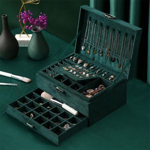 Green Layer Flannel Jewelry Organizer Box Necklaces Earrings Rings Display Holder Case for Women Large Capacity With Lock G