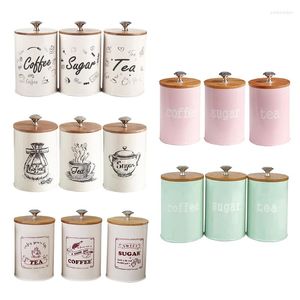 Storage Bottles 3pcs Wood Lid Iron Airtight Canister Kitchen Jars Food Container Tea Coffee Sugar Beans Grains Candy Drop Ship