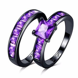 Noble purple rhinestone square CZ Zircon couple Rings Set black K Gold filled Wedding alliance For Women309s