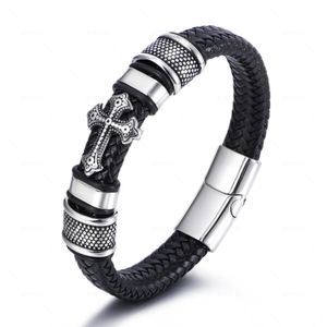 Catena da uomo in pelle intrecciata nera Bracciale rigido con croce Catena in acciaio inossidabile Mtistrand Bracciale classico con cinturino da preghiera Gioielli punk Ma Dh8Qo