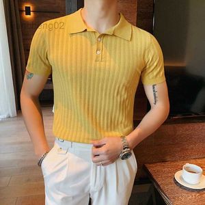 Herr T-shirts 2022 Ny Casual Enfärgad Mesh Stickad Cardigan Ltalian Polo Sommar Herr Issiden Kortärmad Brittisk Slim Lapel Pikétröja L221121