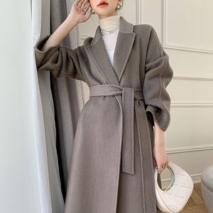 Le donne si fondono sciolto elegante double face 100 cappotto accappatoio giacca lunga con lacci per le donne moda coreana Casaco Feminino 221119