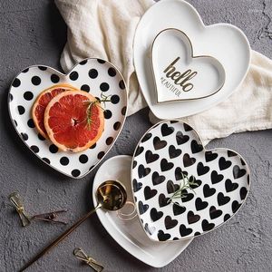 Plates Painted Gold Ceramic Plate Black And White Heart Breakfast Fruit Snack Dish Tableware Cooking Dishes Kitchen Utensils Gift