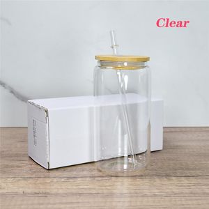 50pcs/carton 16oz Sublimation Glass Mugs Can Shaped Juice Soda Jars Bottles Clear Frosted Tumblers With Bamboo Lid