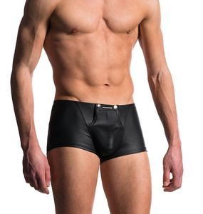 Kalsonger Sexiga män boxare Öppen gren konstläder Underkläder Stage U Konvex påse Svart Patent Shorts Underkläder