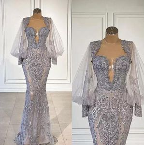 Luxury Mermaid Lace Evening Dresses Beaded Long Sleeve Prom Dress Appliqued Formal Party Gowns Pageant Wear Vestido de novia 1121