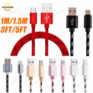 1M 3FT 1.5M 5FT Phone Cables Nylon Braided Charging Wire Micro Usb Type C V8 2A Data Sync For Galaxy S22 Ultra
