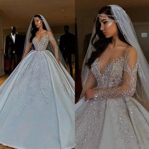 Sukienki ślubne luksusowe długie koronkowe rękawy v szyja panna młoda suknia kulowa koralika szata szata de Mariee Custom Made