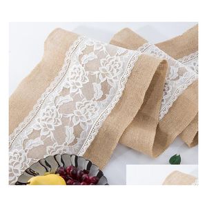 Bordslöpare LINEN LACE TABLE RUNNER VINTAGE BACLAP TRECHTS NATURLIG JUTE LAND FÖR PARTLIGT bröllopsdekoration Drop Delivery Home Gard DH5T2