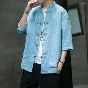 Ethnic Clothing Chinese Style Button Linen T-Shirt Men'S Summer Clothes Tang Suit Shirt Loose Japanese Kimono Men KK3608