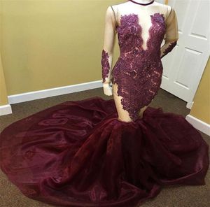 Sheer Oneck Long Sleeves Mermaid Beading Appliques Newest Prom Dress Burgundy Organza Evening Dress See Through Gown for Party9187933