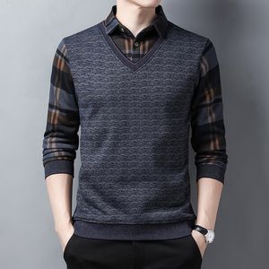 Men's Sweaters Winter Fashion Sweater Fleece Thickened Knitted Men Clothing Fake Two Piece Shirt Warm Knitwear MY740 221121